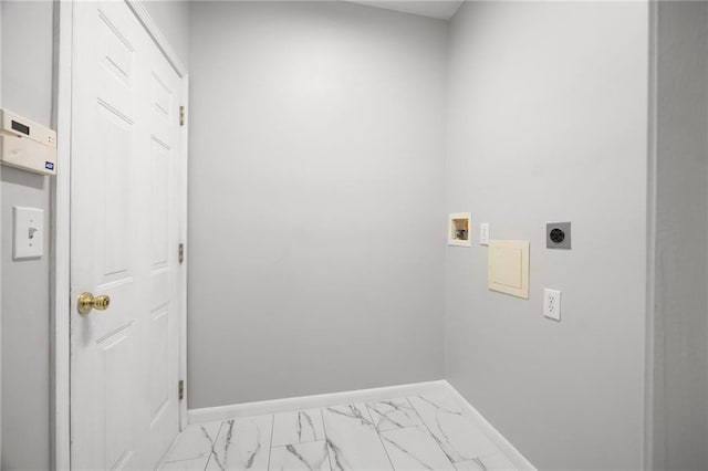 4801 Devonhurst Way, Powder Springs, GA 30127 - laundry area featuring hookup for an electric dryer, washer hookup, baseboards, and light marble finish floors