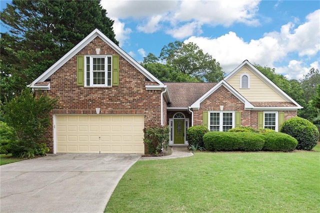 4801 Devonhurst Way, Powder Springs, GA 30127 - traditional home with brick siding, a garage, a front lawn, and concrete driveway