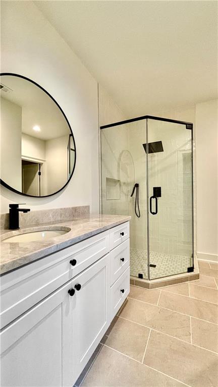 full bath with visible vents, a stall shower, and vanity