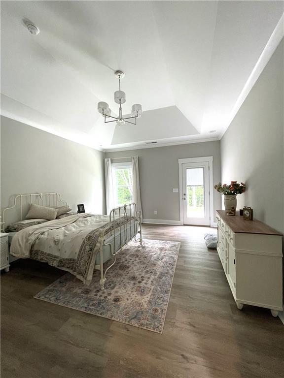 bedroom featuring a raised ceiling and dark hardwood / wood-style floors