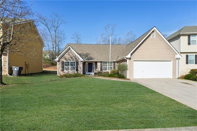 view of front of house with driveway, stone siding, a garage, and a front lawn