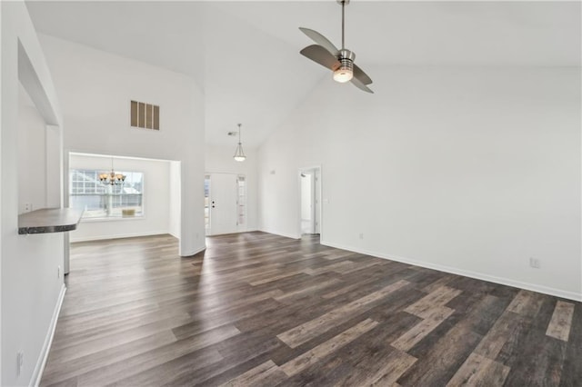 unfurnished living room featuring high vaulted ceiling, dark wood-style flooring, visible vents, and ceiling fan with notable chandelier