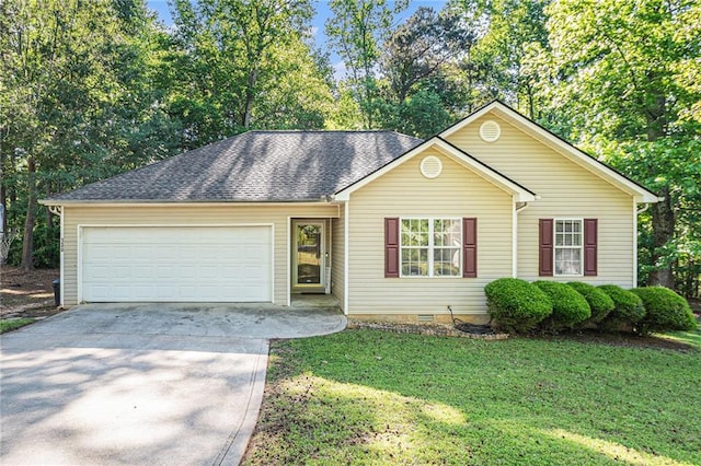 single story home with an attached garage, driveway, a front lawn, roof with shingles, and crawl space
