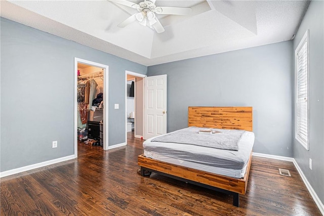 bedroom featuring a walk in closet, multiple windows, and wood finished floors
