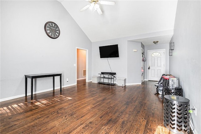 living area featuring ceiling fan, high vaulted ceiling, wood finished floors, and baseboards