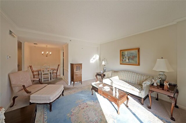 1800 Clairmont Lk Unit 326, Decatur, GA 30033 - living room featuring baseboards, visible vents, carpet floors, crown molding, and a chandelier