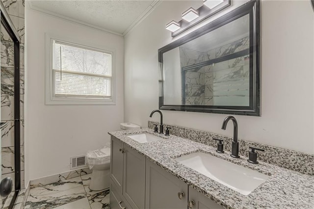 7020 Camp Valley Rd, Riverdale, GA 30296 - bathroom with visible vents, ornamental molding, a sink, and marble finish floor