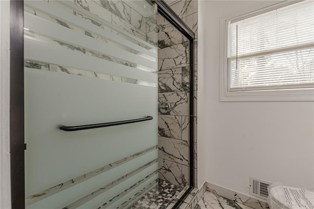 7020 Camp Valley Rd, Riverdale, GA 30296 - full bath with visible vents, baseboards, toilet, marble finish floor, and a marble finish shower