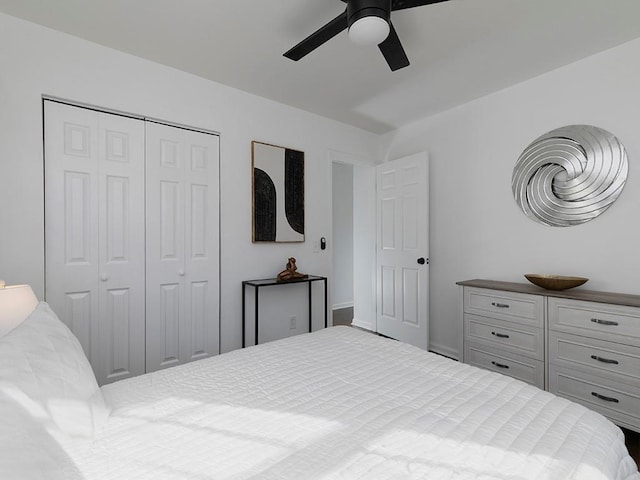 bedroom featuring ceiling fan and a closet