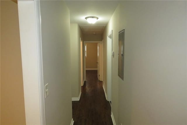 hallway featuring dark wood finished floors and baseboards