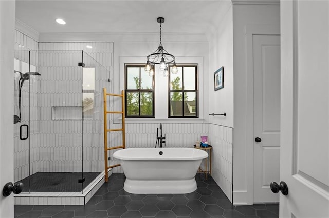 330 Shagbark Way, Harlem, GA 30814 - bathroom with a stall shower, a soaking tub, crown molding, tile patterned flooring, and a chandelier