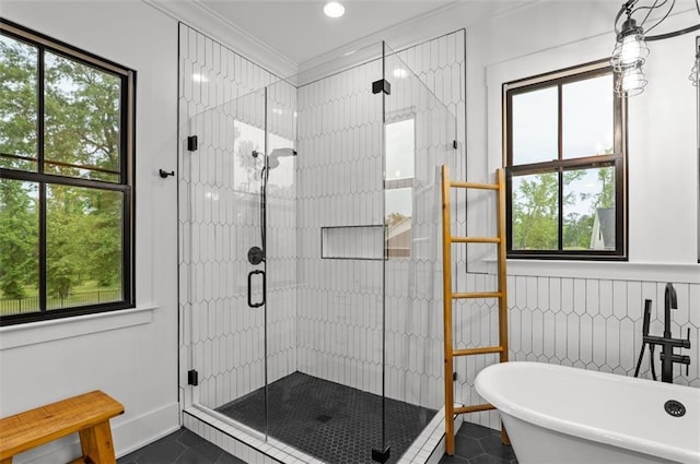 330 Shagbark Way, Harlem, GA 30814 - full bathroom featuring tile patterned floors, a soaking tub, a shower stall, and ornamental molding