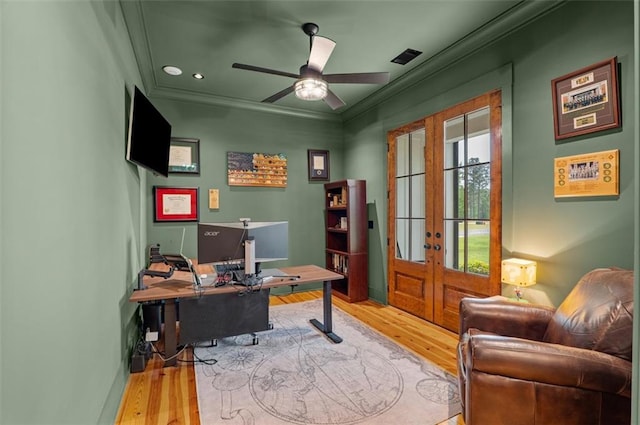 330 Shagbark Way, Harlem, GA 30814 - home office with french doors, crown molding, wood finished floors, a ceiling fan, and recessed lighting