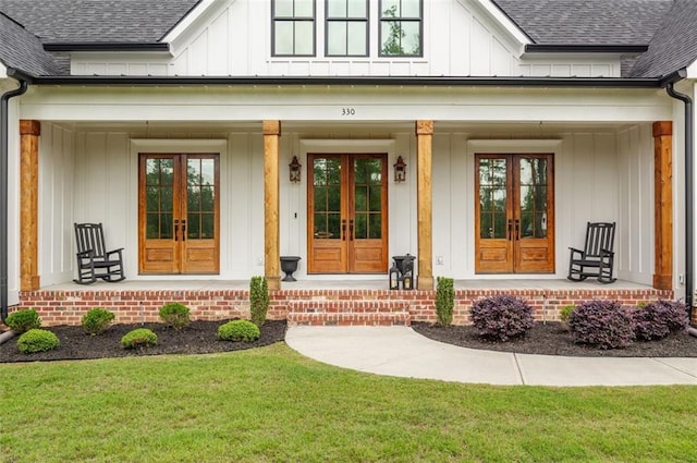 330 Shagbark Way, Harlem, GA 30814 - doorway to property with french doors, roof with shingles, and board and batten siding