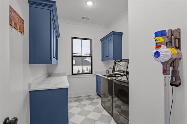 330 Shagbark Way, Harlem, GA 30814 - laundry room featuring cabinet space, washer and clothes dryer, light flooring, crown molding, and baseboards