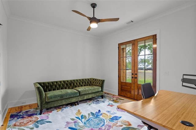 330 Shagbark Way, Harlem, GA 30814 - office with french doors, ornamental molding, ceiling fan, baseboards, and wood finished floors