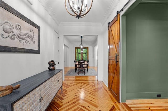 330 Shagbark Way, Harlem, GA 30814 - corridor with a chandelier, a barn door, and ornamental molding