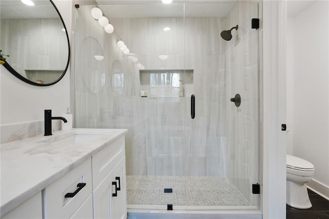 full bath featuring a shower stall, toilet, and vanity