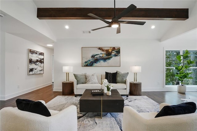 living area featuring lofted ceiling with beams, visible vents, and recessed lighting