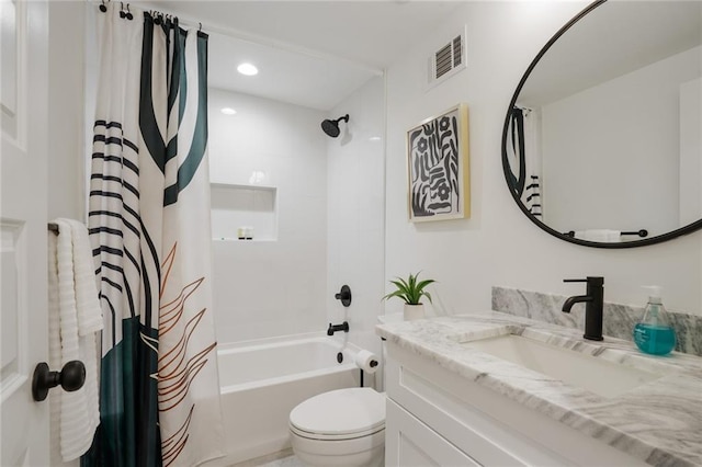 full bathroom featuring shower / bath combination with curtain, recessed lighting, visible vents, toilet, and vanity