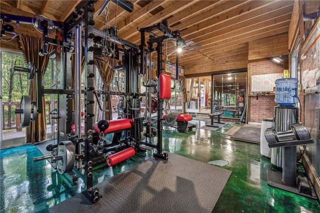 gym featuring wood ceiling and lofted ceiling