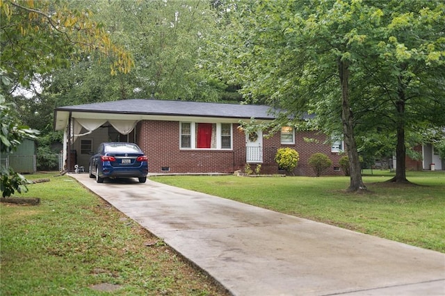 single story home with an attached carport, a front yard, driveway, crawl space, and brick siding