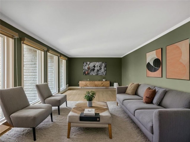 living area featuring light wood finished floors and ornamental molding