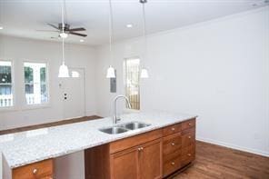 kitchen featuring dark wood-type flooring, an island with sink, sink, hanging light fixtures, and ceiling fan