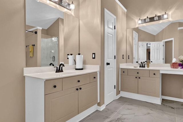 bathroom with vanity and walk in shower