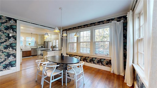 dining area with sink and hardwood / wood-style floors