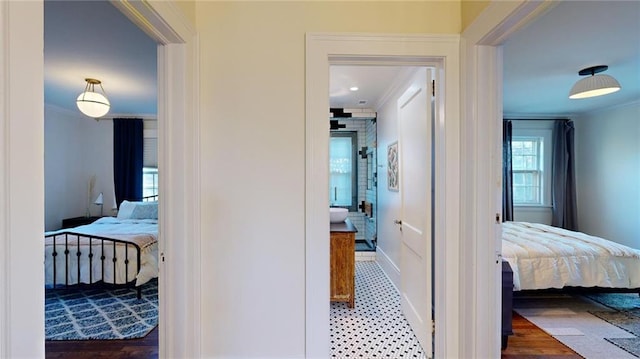 corridor featuring crown molding and dark hardwood / wood-style floors