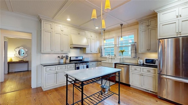 kitchen with pendant lighting, light hardwood / wood-style flooring, appliances with stainless steel finishes, ornamental molding, and custom exhaust hood