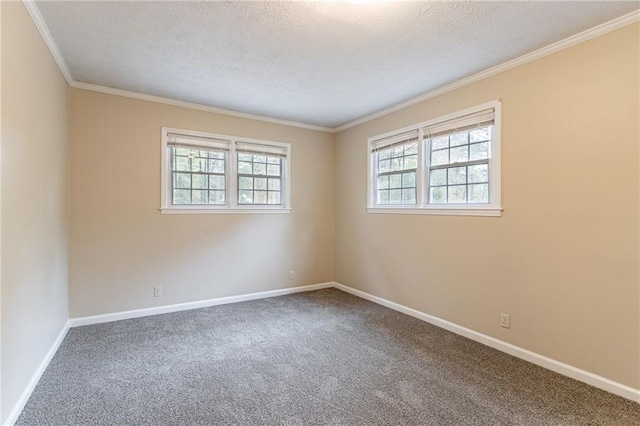 carpeted empty room with a wealth of natural light, a textured ceiling, and ornamental molding