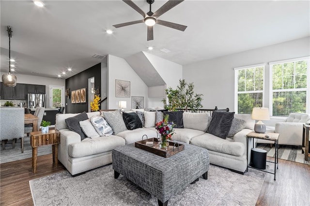 507 Bishop Ln, Woodstock, GA 30188 - living area featuring wood finished floors, a ceiling fan, and recessed lighting
