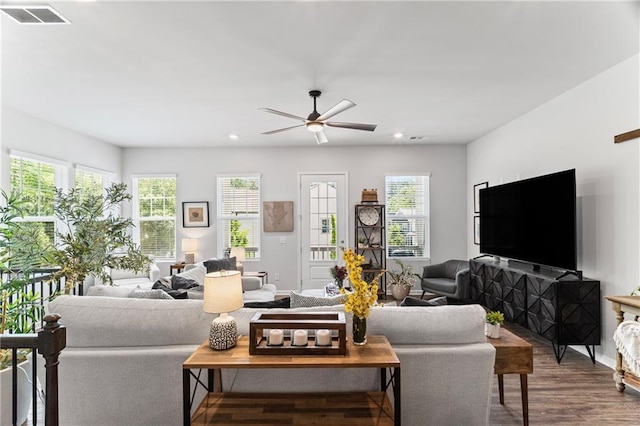 507 Bishop Ln, Woodstock, GA 30188 - living area with healthy amount of natural light, ceiling fan, dark wood-style floors, recessed lighting, and baseboards