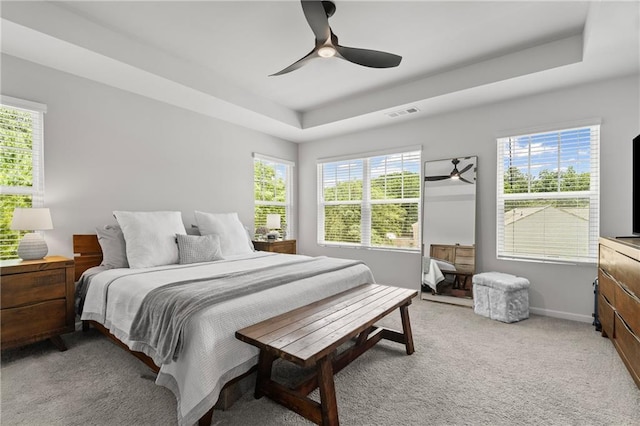 507 Bishop Ln, Woodstock, GA 30188 - bedroom featuring a tray ceiling, multiple windows, light colored carpet, and ceiling fan