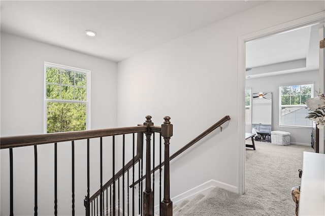 507 Bishop Ln, Woodstock, GA 30188 - corridor featuring an upstairs landing, carpet flooring, baseboards, and recessed lighting