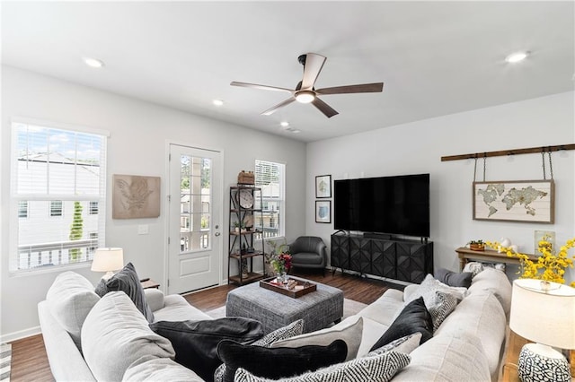 507 Bishop Ln, Woodstock, GA 30188 - living area with ceiling fan, wood finished floors, recessed lighting, and baseboards