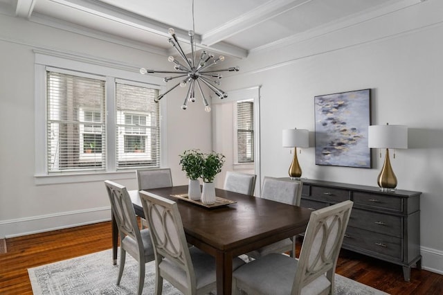 1038 Saint Charles Ave, Atlanta, GA 30306 - dining space with a chandelier, beam ceiling, baseboards, dark wood-style floors, and ornamental molding