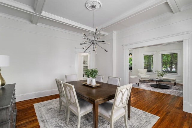 1038 Saint Charles Ave, Atlanta, GA 30306 - dining area with dark wood-style flooring, beam ceiling, ornamental molding, a chandelier, and coffered ceiling