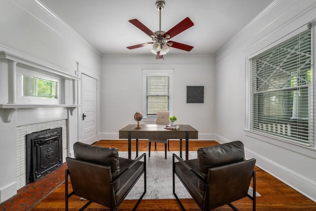 1038 Saint Charles Ave, Atlanta, GA 30306 - office featuring a ceiling fan, ornamental molding, a fireplace, baseboards, and wood finished floors