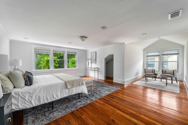 1038 Saint Charles Ave, Atlanta, GA 30306 - bedroom featuring multiple windows, wood finished floors, baseboards, ornamental molding, and recessed lighting