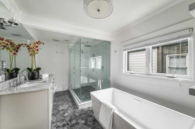 1038 Saint Charles Ave, Atlanta, GA 30306 - full bath with vanity, a stall shower, a freestanding bath, toilet, and ornamental molding