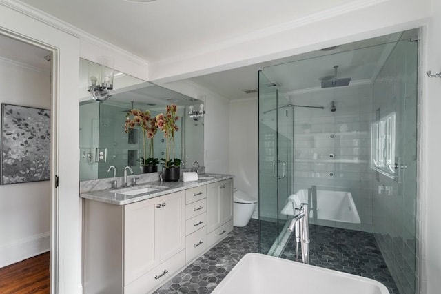 1038 Saint Charles Ave, Atlanta, GA 30306 - full bath with a shower stall, double vanity, ornamental molding, toilet, and baseboards