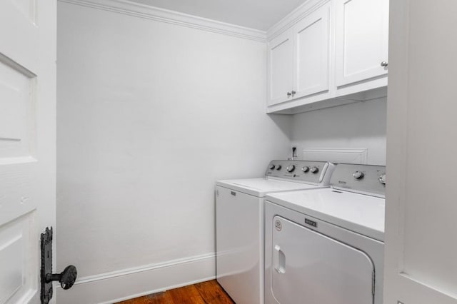 1038 Saint Charles Ave, Atlanta, GA 30306 - washroom with independent washer and dryer, cabinet space, baseboards, dark wood finished floors, and ornamental molding