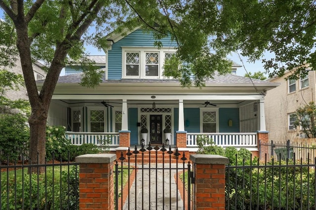 1038 Saint Charles Ave, Atlanta, GA 30306 - view of front of property featuring a porch, a ceiling fan, a fenced front yard, and a gate