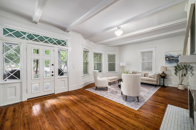 1038 Saint Charles Ave, Atlanta, GA 30306 - living area with beamed ceiling, hardwood / wood-style flooring, plenty of natural light, and baseboards