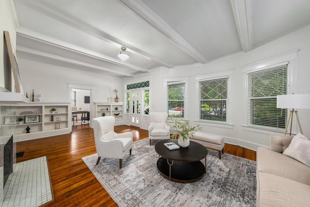 1038 Saint Charles Ave, Atlanta, GA 30306 - living area featuring beamed ceiling, dark wood-type flooring, and french doors