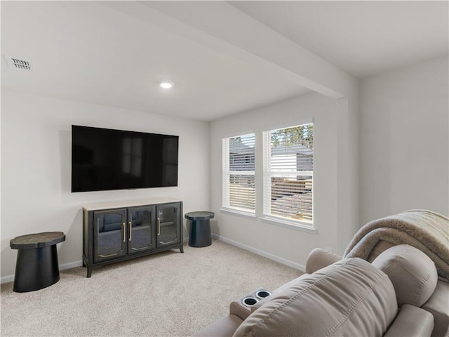 living room featuring light colored carpet