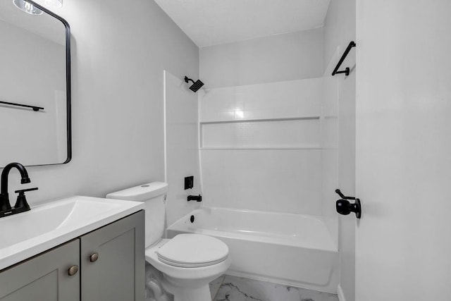 bathroom with marble finish floor, shower / tub combination, vanity, and toilet